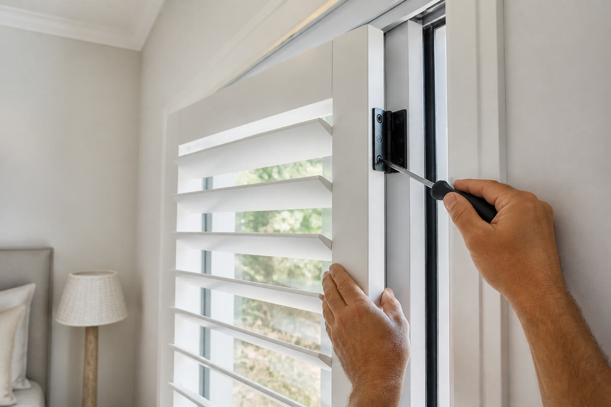White plantation shutters being hinged into a window reveal